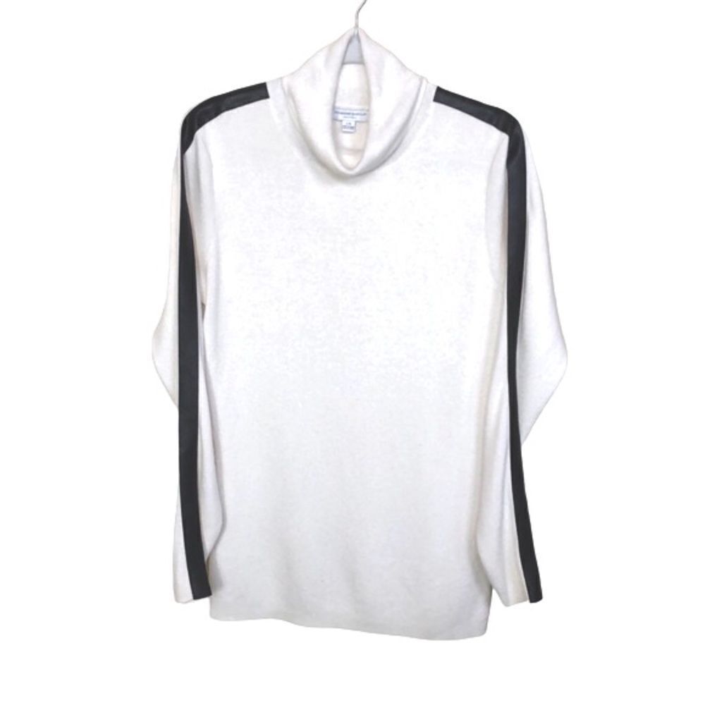 Katherine Barclay Turtleneck Cashmere Blend Sweater White & Black Stripe Sleeve